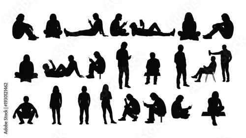 Collection of people in various sitting and lying down positions isolated on white background, Vector