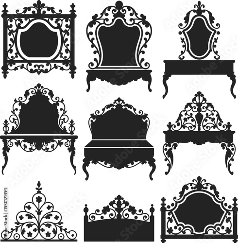 Vintage Victorian furniture silhouettes set including ornate mirrors dressing tables chairs and decorative antique baroque frames for elegant interior design elements