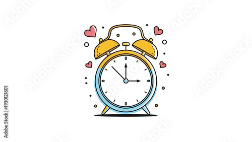 Classic analog alarm clock with a yellow and blue face surrounded by pink hearts and small dots on a clean white background.