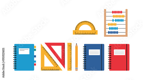 Various colorful school supplies including notebooks and rulers along with a pencil and an abacus arranged neatly on a white background.