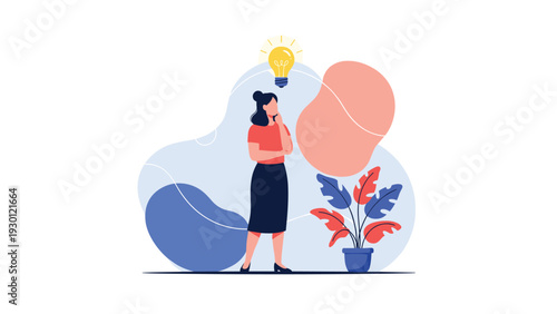 Thoughtful woman in a red shirt and black skirt standing next to a plant with a glowing lightbulb idea icon above her head.