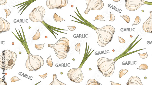 Detailed seamless pattern of garlic bulbs and cloves with green stems and the word garlic scattered on a clean white background.