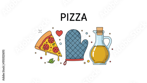 Tasty pizza slice with pepperoni and melting cheese accompanied by a blue oven mitt and a bottle of olive oil with decorative dots.