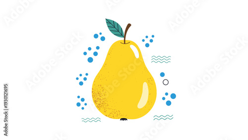Stylized illustration of a yellow pear with a green leaf surrounded by blue dots and wavy decorative lines on a white background.