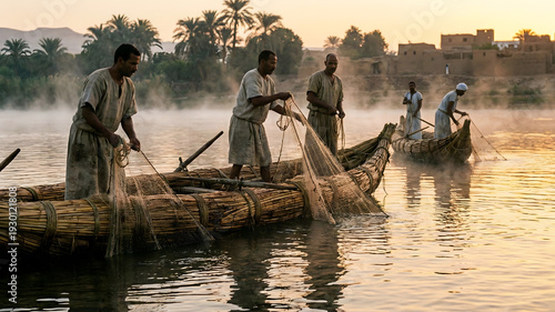 Fishermen on traditional papyrus reed boats casting nets into the Nile at dawn