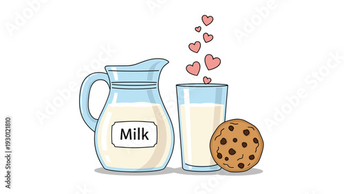 Delicious snack featuring a pitcher and a glass of fresh milk with small hearts along with a large chocolate chip cookie.