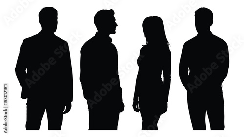 Silhouettes of four people standing in a row isolated on white background, Vector