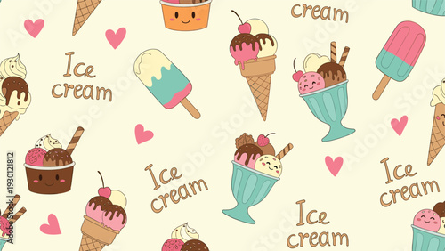 Sweet seamless pattern of various ice cream cones and cups and popsicles with happy faces and hearts on a beige background.
