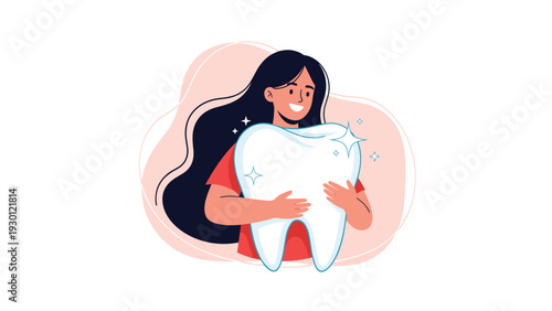 Smiling young woman with long dark hair holds a massive shiny and clean white tooth representing good dental hygiene habits.