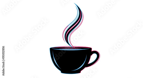 Stylized coffee cup with vibrant glitch effect steam rising against a clean white background