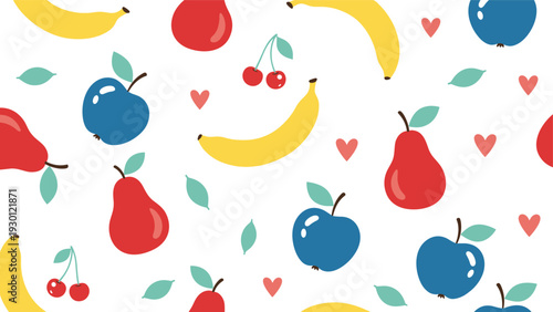 Colorful seamless pattern of diverse fruits including blue apples and red pears and yellow bananas with small hearts.