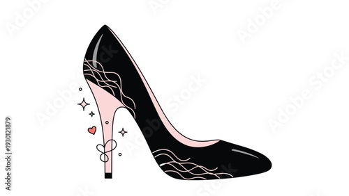 Elegant black high-heeled shoe with a pink stiletto heel and decorative flourishes including stars and a small heart on the side.