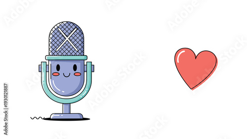 Cute cartoon microphone character with a smiling face and blushing cheeks standing next to a large red floating heart.