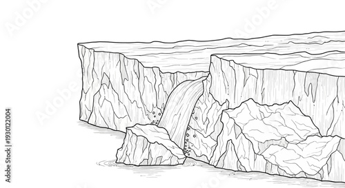 Dynamic illustration of a powerful waterfall cascading from a rugged cliff face into serene waters