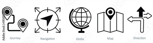 Journey and navigation vector icon set with map, compass, and route symbols.