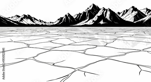 Monochromatic Alpine Panorama with Fractured Terrain Reflecting Distant Peaks Under a Clear Sky