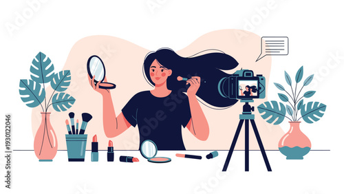 Young beauty blogger woman recording a video for her channel while applying makeup at her desk with professional gear.
