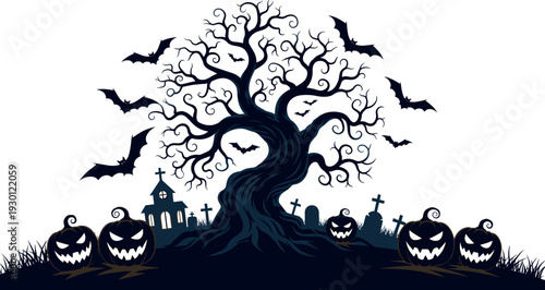 Spooky Halloween landscape silhouette with scary pumpkins flying bats haunted tree and church in a graveyard for horror seasonal designs,