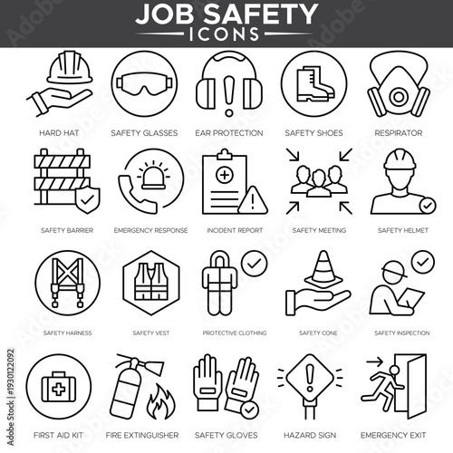 Job safety icon set with protective gear, warning signs, and hazard symbols in vector style.