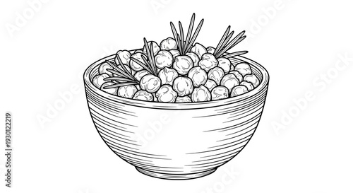 Hand-drawn illustration of nourishing chickpeas adorned with fresh rosemary sprigs in a rustic bowl