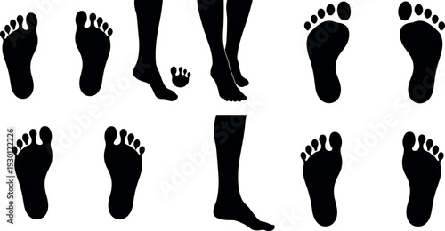 Set of black silhouettes featuring human footprints bare feet and leg positions for health wellness podiatry and medical design projects,