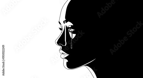 Emotive black and white artwork capturing a woman's profile in deep contemplation and grief