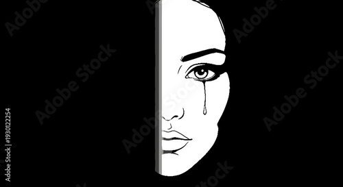 Dramatic Black and White Illustration of a Grieving Woman's Face with a Falling Tear