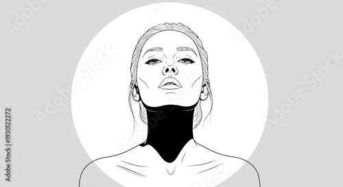 Striking monochromatic graphic art portraying a woman's upward gaze with an intriguing dark neck