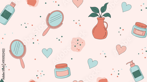 Cosmetics and beauty care seamless pattern with mirrors vases lotion bottles and heart shapes on a soft pink background.