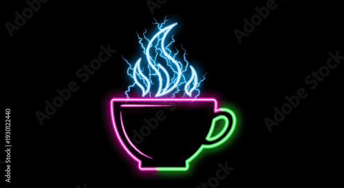 Energetic neon coffee cup with vibrant lightning steam glowing brightly in the dark