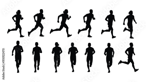 A group of people running in different poses isolated on white background, Vector