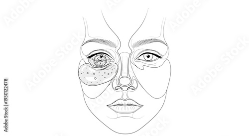 Detailed minimalist line art illustrating complex facial dermatological issues contrasted with