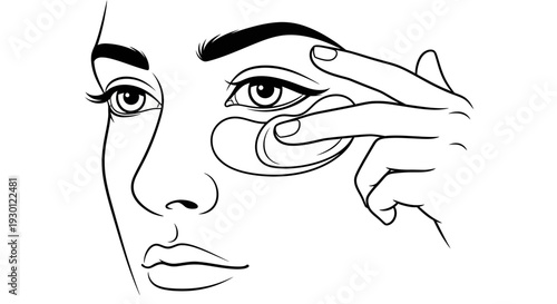 Detailed line art illustrating a woman applying nourishing under-eye patches for enhanced beauty