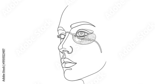 Elegant one-line illustration of a woman's self-care skincare routine with under-eye patches for