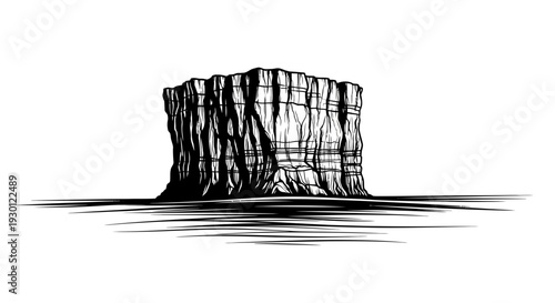 Dramatic monolithic island formation emerging from calm waters, rendered in striking black and