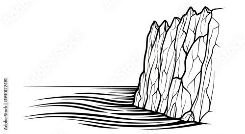 Abstract line art illustration showcasing a dramatic seaside rock formation beside flowing water