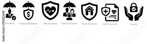 “Insurance icon set featuring protection, security, health, life, and finance symbols in modern line style.”