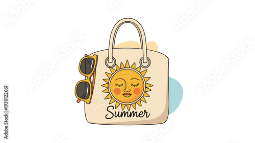 Beach bag with a printed sun face and sunglasses resting on it with the word summer written below for vacation vibes.