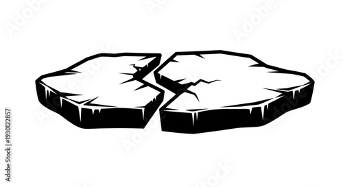 Monochrome vector illustration of two fractured ice-like platforms depicting separation and