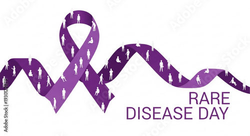 Purple ribbon with white silhouettes for rare disease day awareness on white background