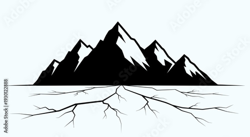 Minimalist black mountain peaks illustration with stark cracked earth design representing