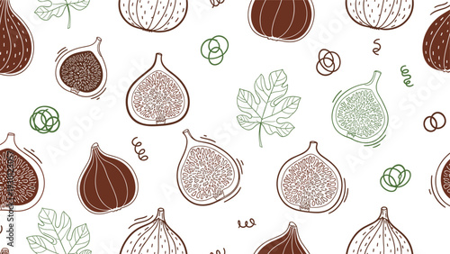 Botanical seamless pattern with whole and sliced figs along with leaves and decorative swirls on a white background.