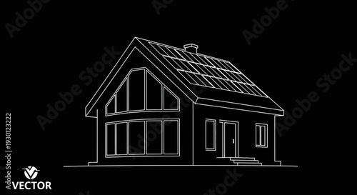Minimalist vector sketch of a modern eco-friendly house featuring rooftop solar energy panels