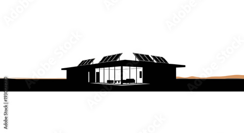 Sleek contemporary home silhouette featuring rooftop solar panels and expansive glass facade