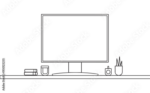 Line art desk with computer and office supplies vector illustration