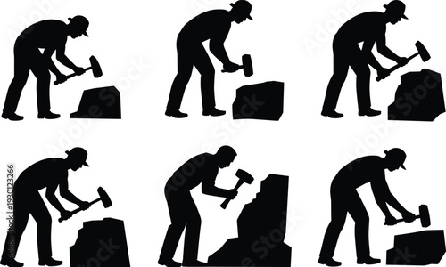 Stone mason worker silhouettes carving rock with hammer isolated on white background
