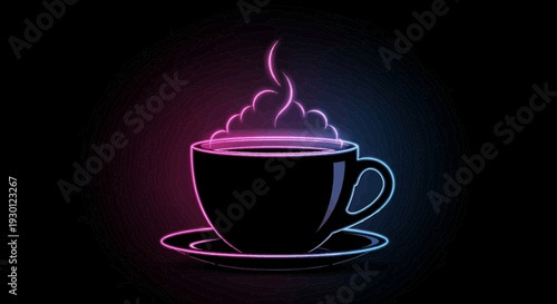 Vibrant neon coffee cup graphic glowing with energetic pink and blue light on a dark background, a