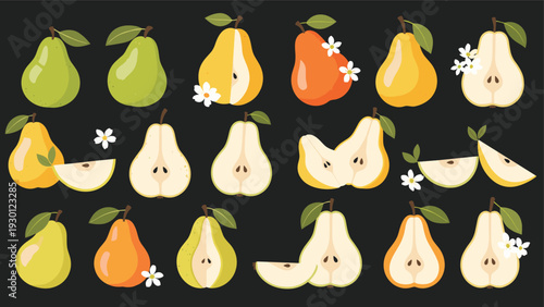 Variety of whole halved and sliced pears with small white blossoms on a dark background for fruit composition.