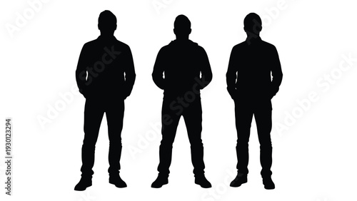 Three silhouetted men standing side by side isolated on white background, Vector