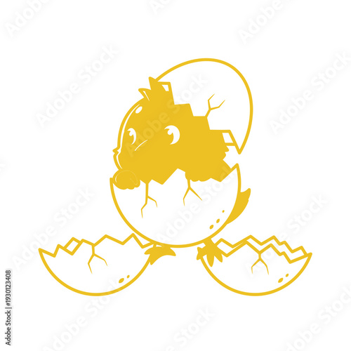 Golden chick hatching from cracked eggshells in a spring scene